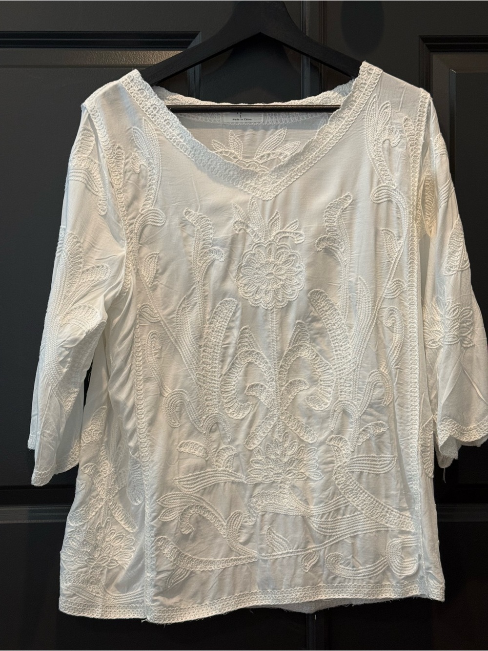 Women's White Embroidered V-Neck Blouse